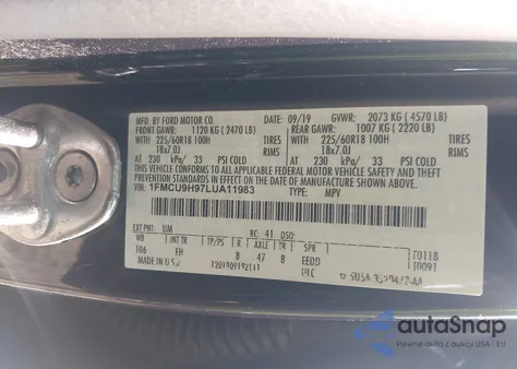 2020 Ford Escape Sel z USA, uszkodzony, nr VIN 1FMCU9H97LUA11983